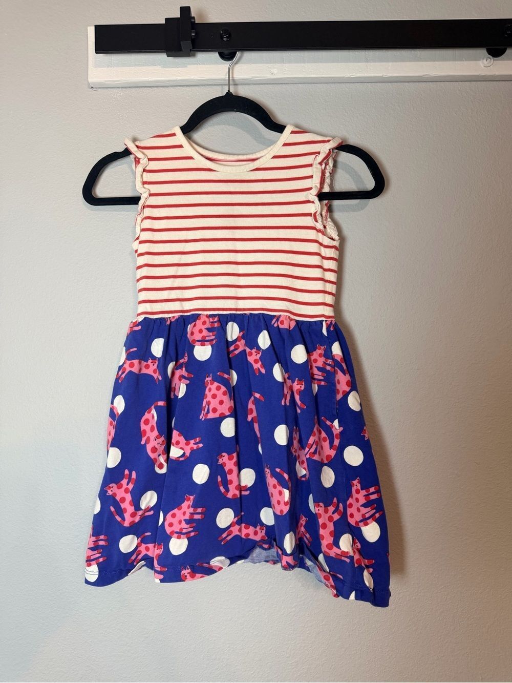 Mini Boden Striped Cat Print Dress Size 8 9 Blue Red White Ruffles Casual